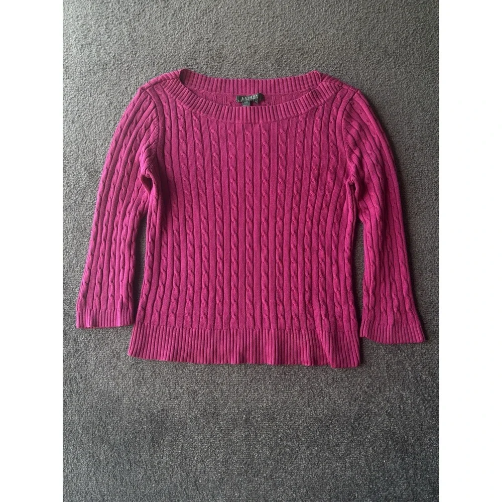 Ralph Lauren Pink Cable Knit Cotton Sweater Blue Pony Preppy Hot Pink XL